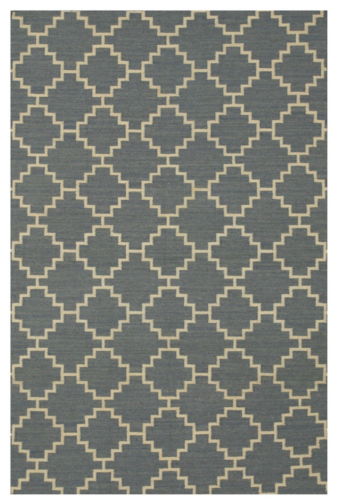 Handmade Wool Blue Contemporary Trellis Flatweave Reversible Moroccan Rug, 9'x12'