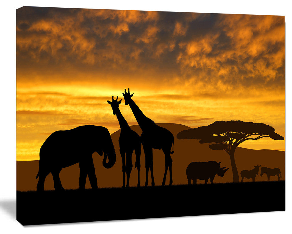 Giraffes and Elephant and Rhino, African Canvas Art Print, 60"x28"