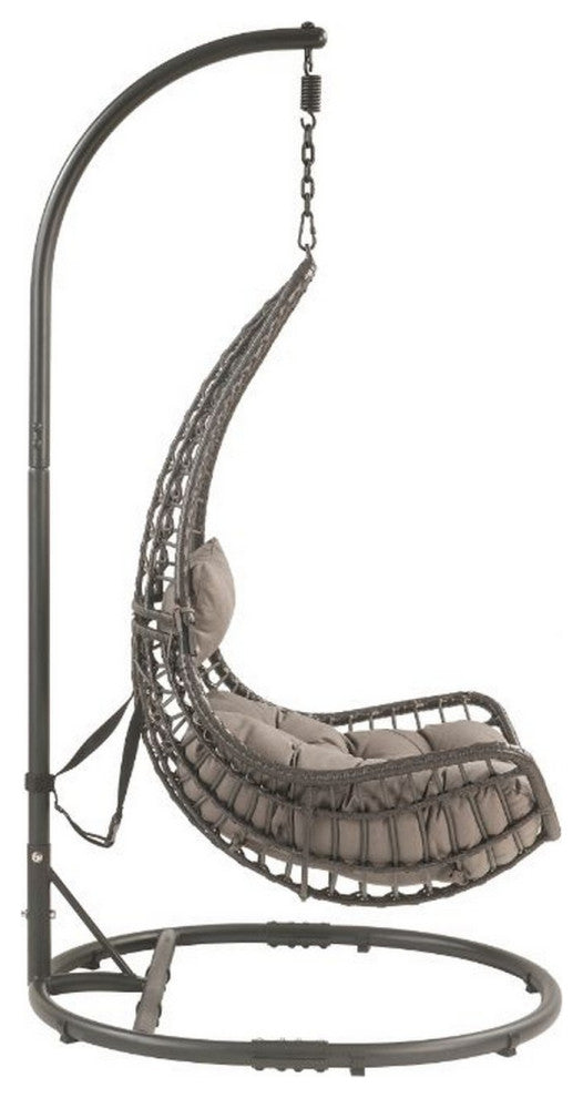 Benzara BM250671 Patio Hanging Chair With Tear Drop Shape & Thick Cushions, Gray