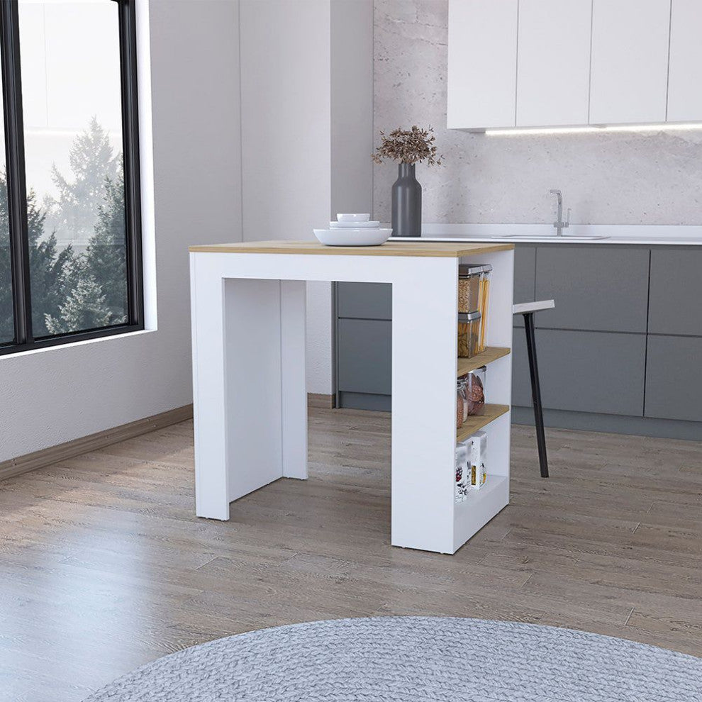 Harlan Kitchen Island With 3 Side Shelves, White/Macadamia