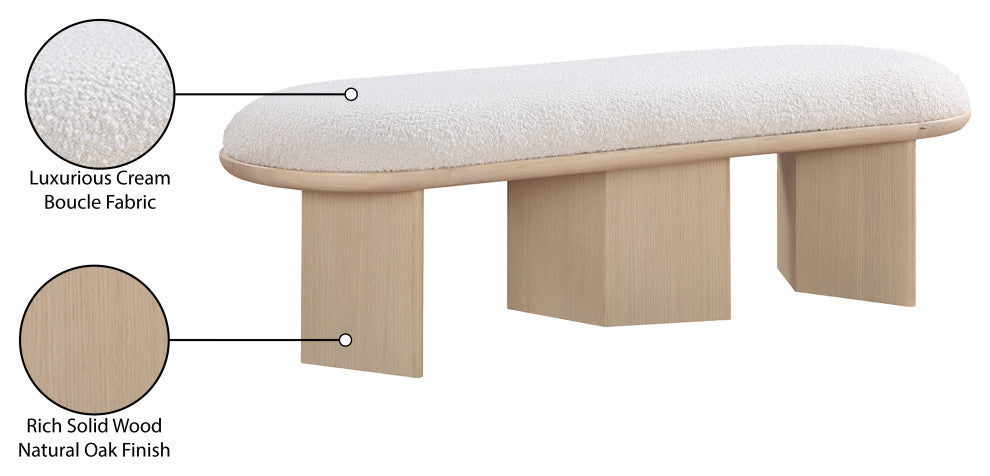 Wilshire Boucle Fabric Upholstered Bench, Cream, Natural Oak Finish