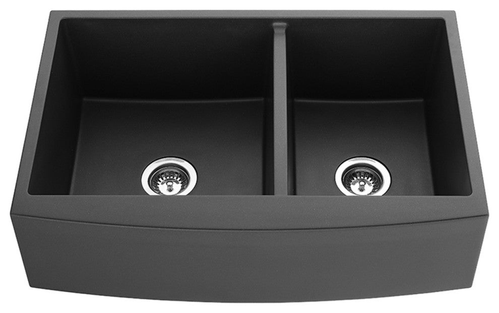33" x 22" Black Quartz Double Bowl Farmhouse Apron Kitchen Sink With Strainer