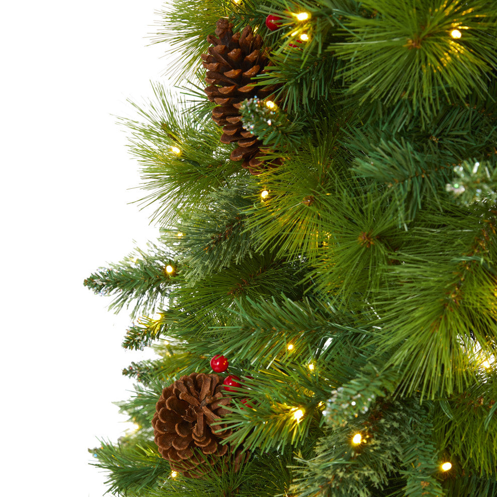 7' Montana Mixed Pine Faux Xmas Tree With Pine Cones, Berries & 500 Clear Lights