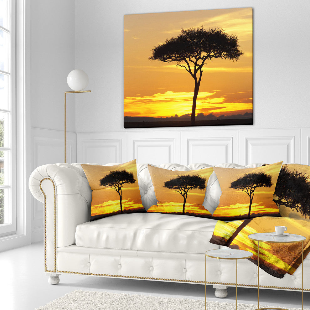 Beautiful Sunset Through Acacia Tree African Landscape Printed Pillow, 18"x18"