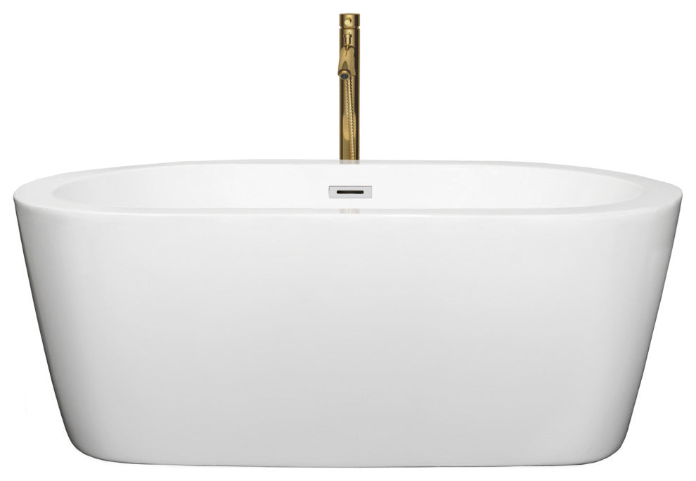 60" Freestanding Bathtub, White, Chrome Trim, Floor Mounted Faucet, Gold