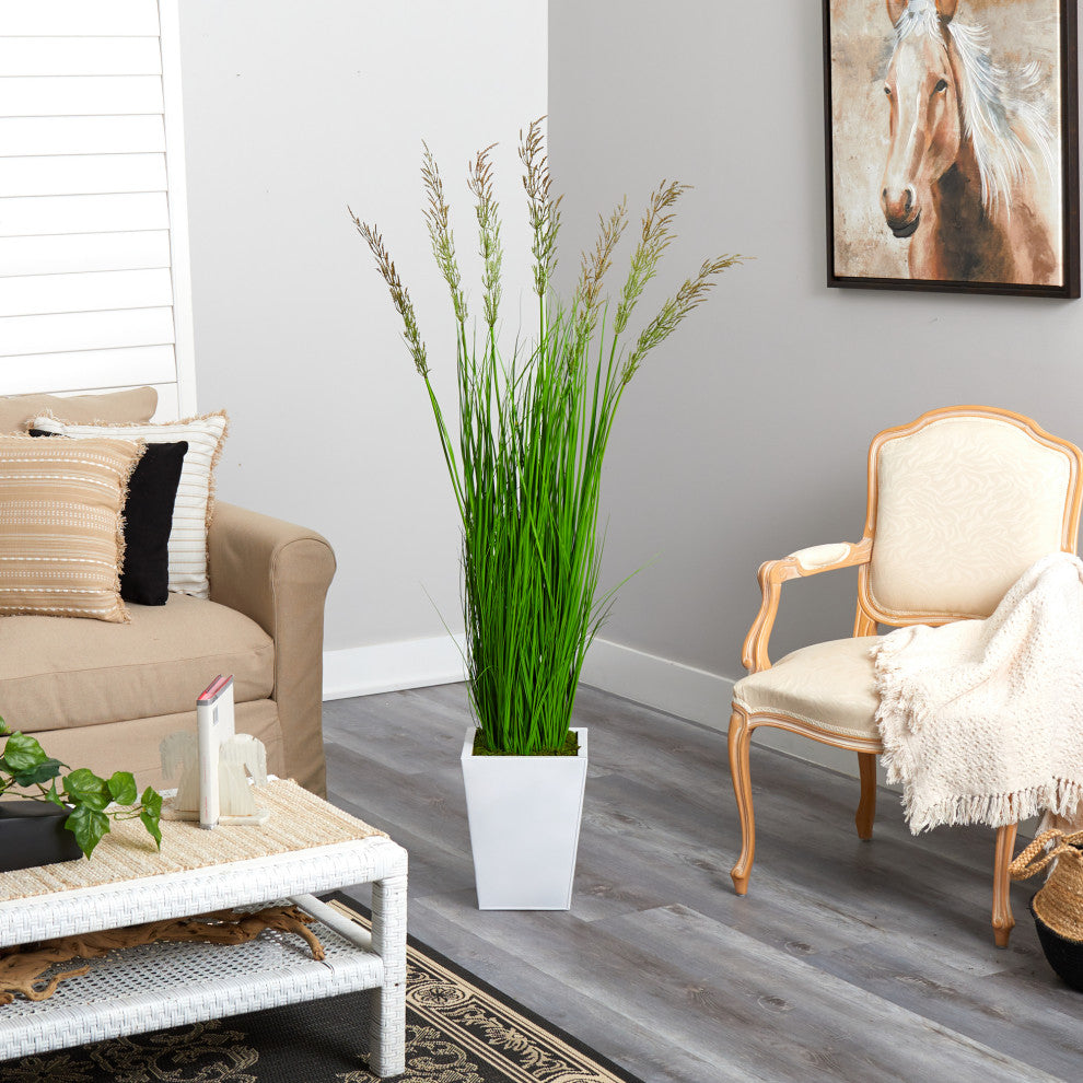 Nearly Natural 64" Wheat Grass Artificial Plant, White Metal Planter