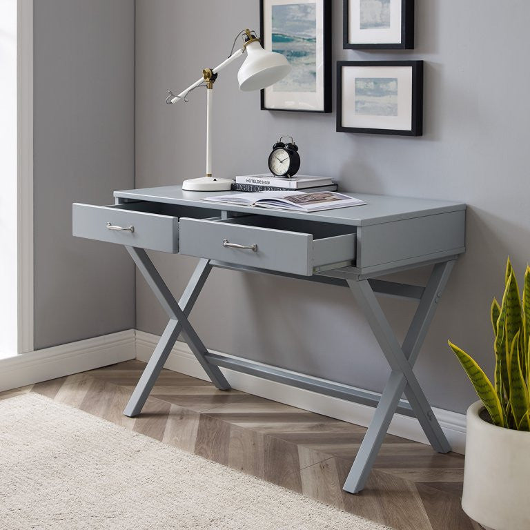 Contemporary Desk, Pine Wood Frame With X-Shaped Sides & 2 Drawers, Gray Finish