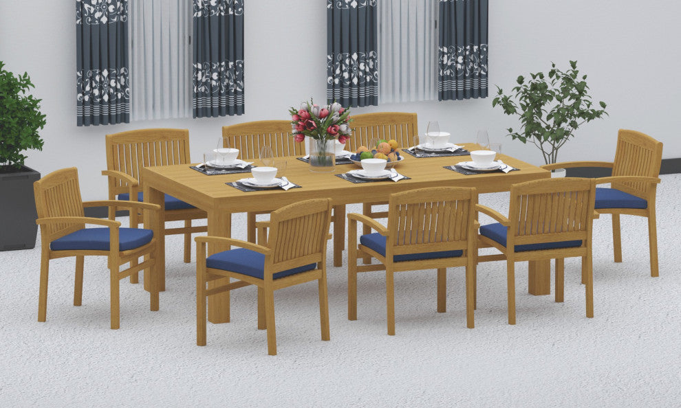 9-Piece Outdoor Teak Dining Set: 86" Rectangle Table, 8 Wave Stacking Arm Chairs