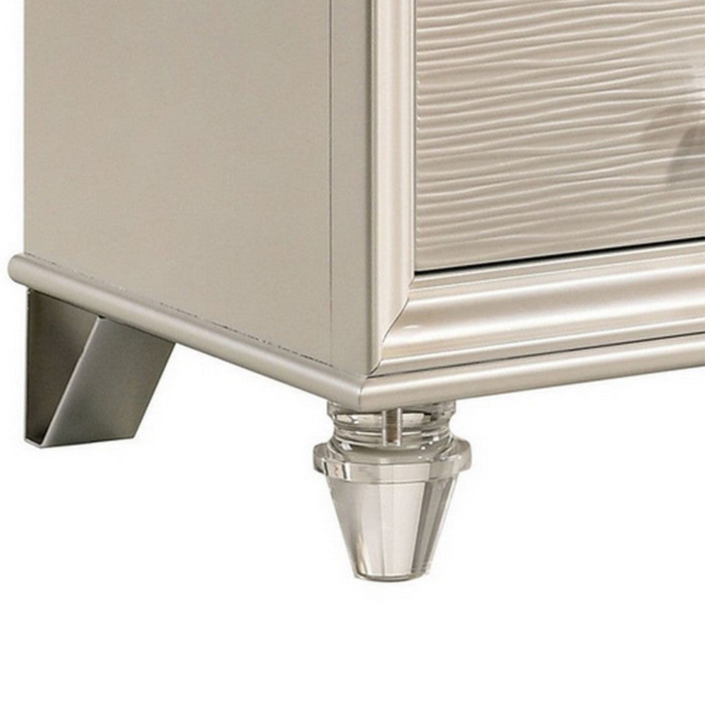 Nightstand with Textured 2 Drawers and Acrylic Legs, Pearl White