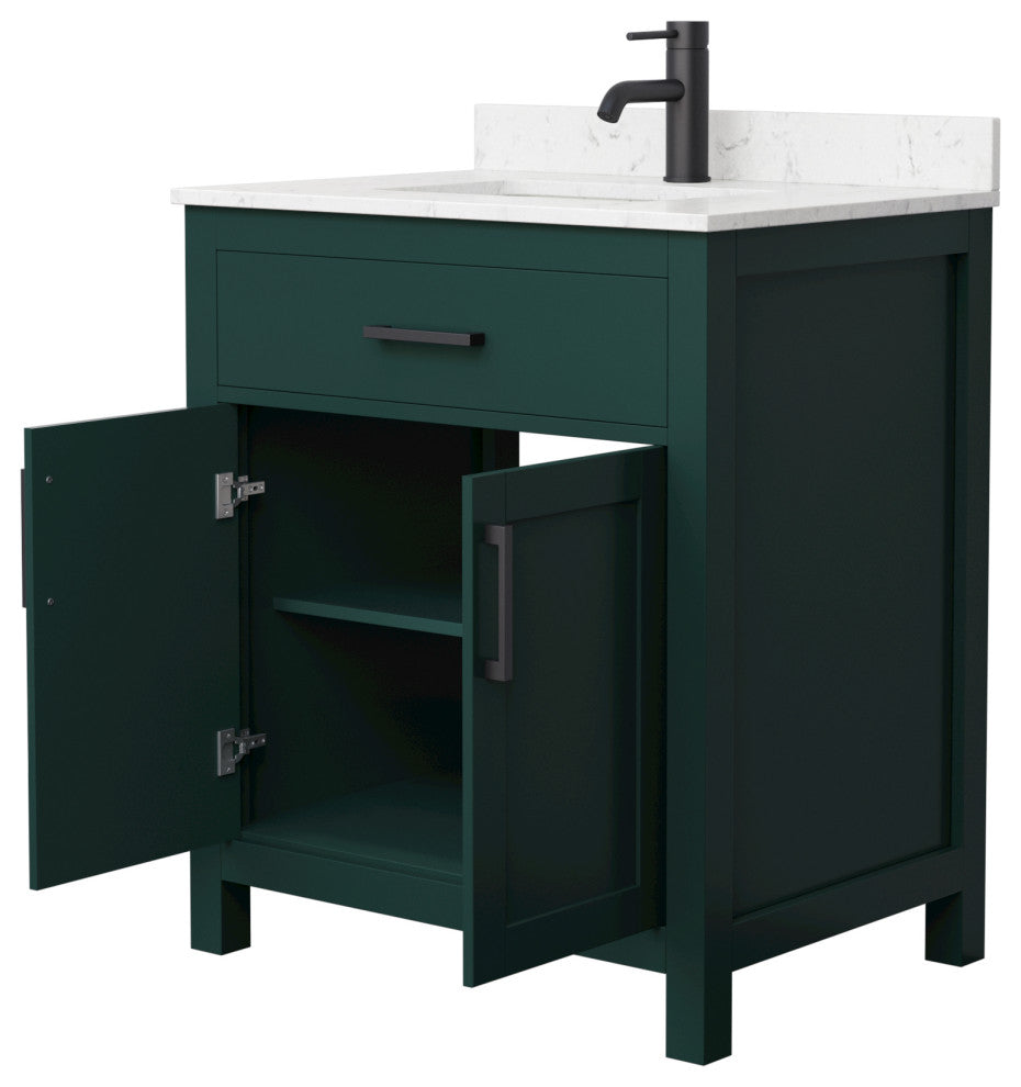 30"SGL Bathroom Vanity Green, Carrara Cult. Marble Countertop, Sink, Black Trim