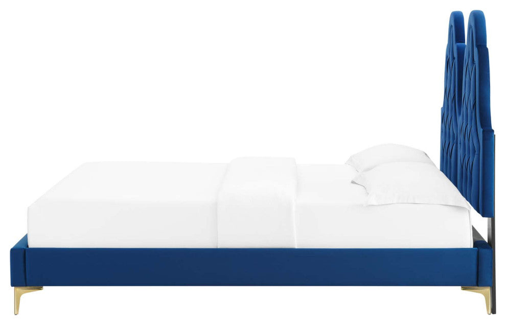 Tufted Platform Bed Frame, Twin Size, Velvet, Blue Navy, Modern Contemporary