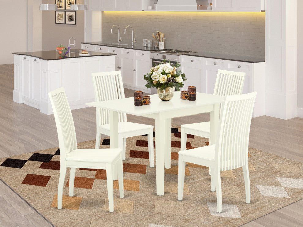 5Pc Dining Set, Rectangular Table, 4 Chairs, Asian Hardwood Seat, Linen White