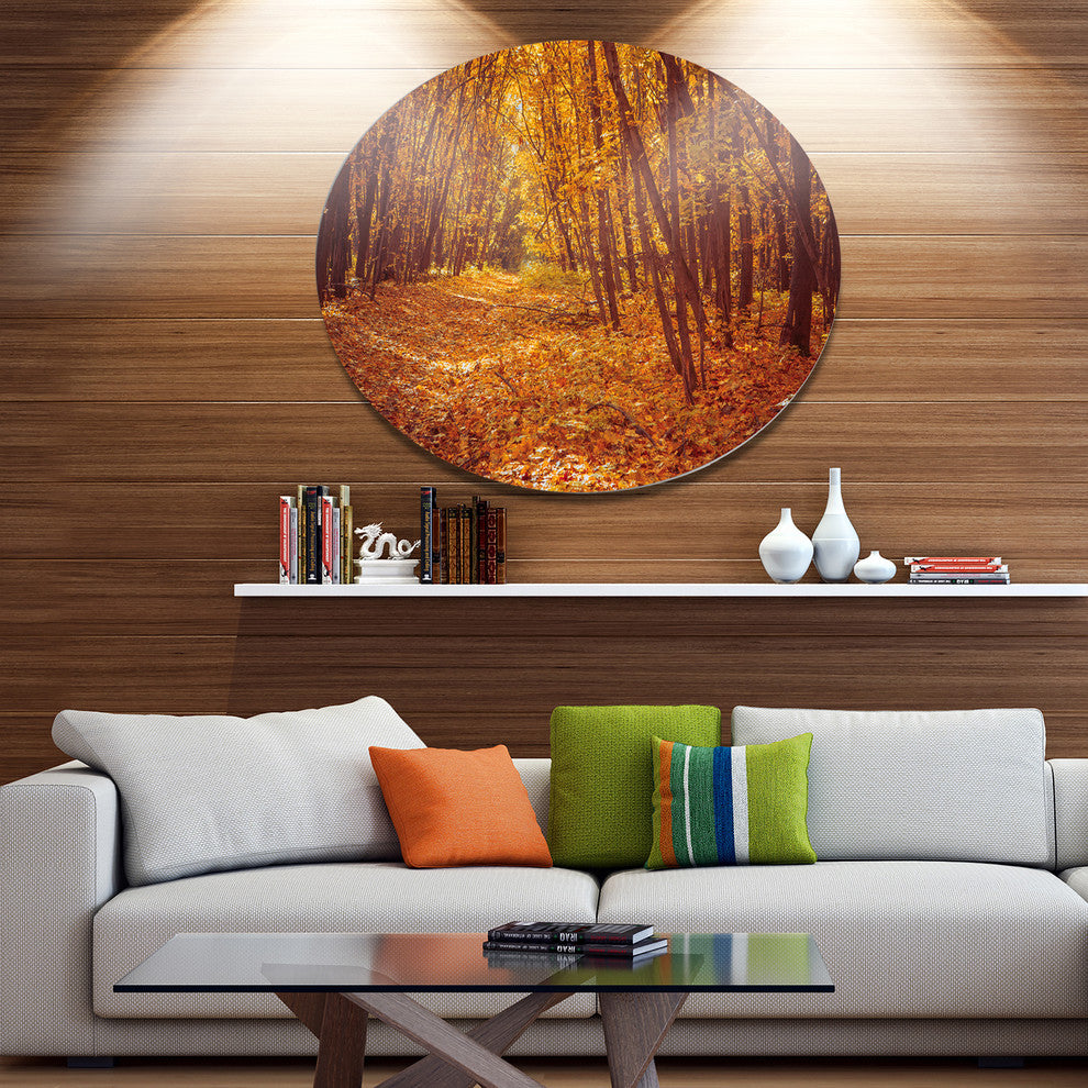 Yellow Forest And Fallen Leaves, Modern Forest Disc Metal Artwork, 23"
