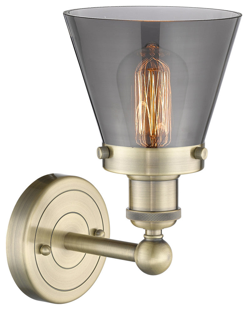 Small Cone 1-Light 7" Sconce, Antique Brass Finish, Plated Smoke Shade