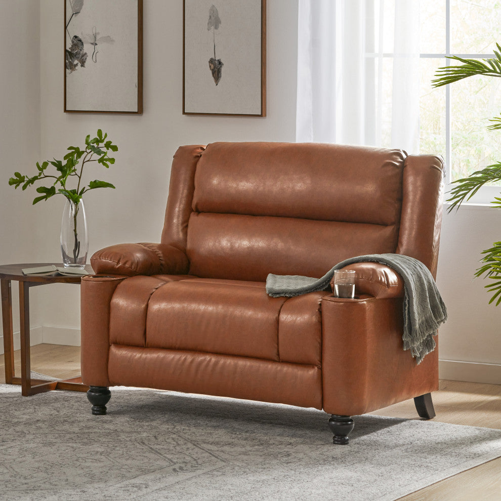 Upham Faux Leather Oversized Pushback Recliner, Cognac Brown/Espresso