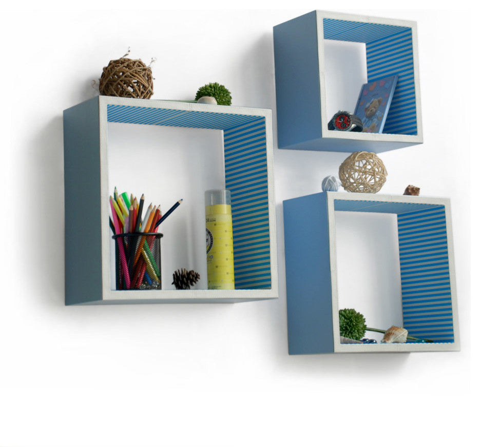 Powder Blue Square Leather Wall Shelf / Bookshelf / Floating Shelf (Set of 3)