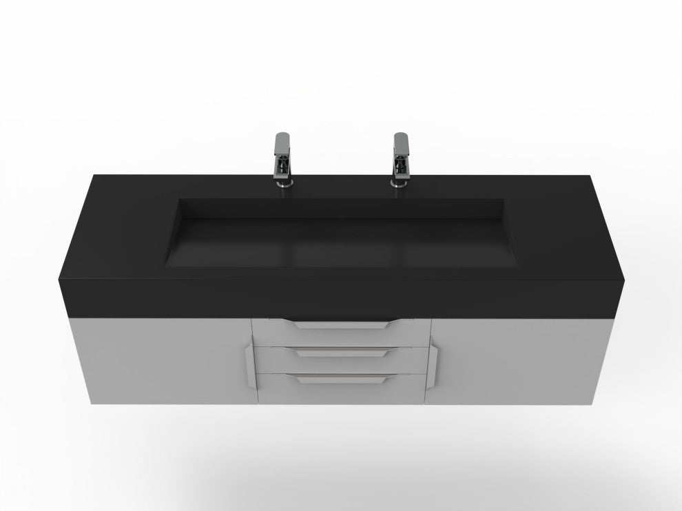 CastelloUSA Nile 60" Wall Mounted Vanity Set, Gray, Black Top, Chrome Handles