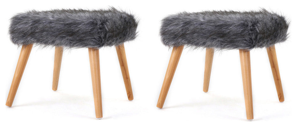 GDF Studio Hussey Mid-Century Gray Faux Fur Ottoman, Qty of 2