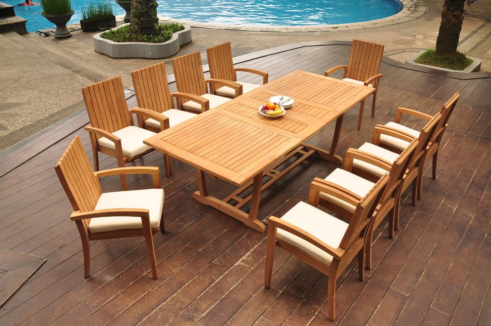 11-Piece Outdoor Teak Dining 94" Masc Rectangle Table, 10 Goa Stacking Chairs