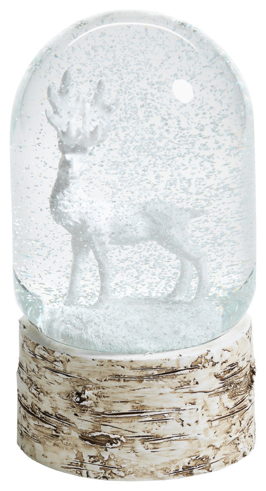 7" Tall Snow Globe Dome on Birch, Moose Sculpture, White and Beige