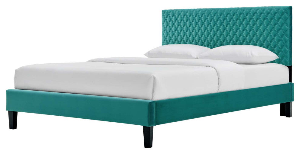 Platform Bed Frame, King Size, Teal Blue, Velvet, Modern, Bedroom Guest Suite