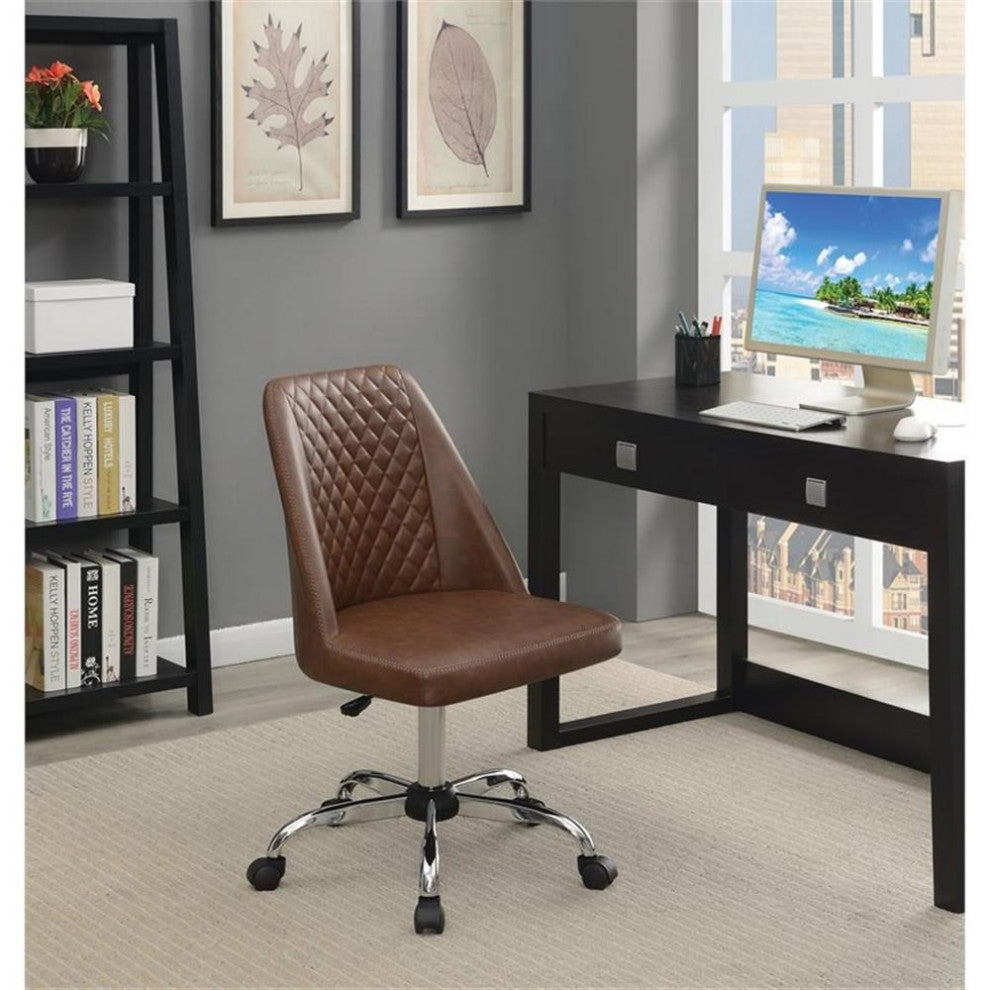 Pemberly Row Upholstered Tufted Back Faux Leather Office Chair in Brown