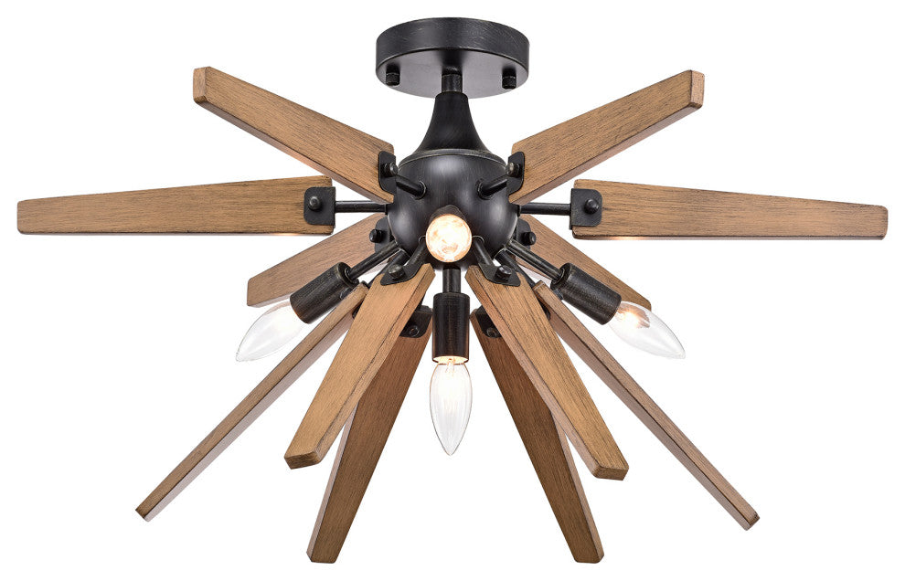 Kay 4-Light Antique Black Sputnik Natural Wood Flush Mount