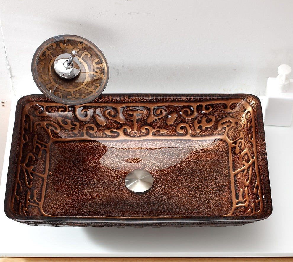 Glass Rectangular Vessel Bathroom Sink With Faucet