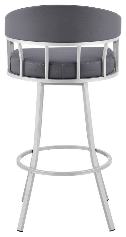 Valerie Swivel Brown Faux Leather and Java Brown Metal Bar Stool, Gray/Silver, Bar Height