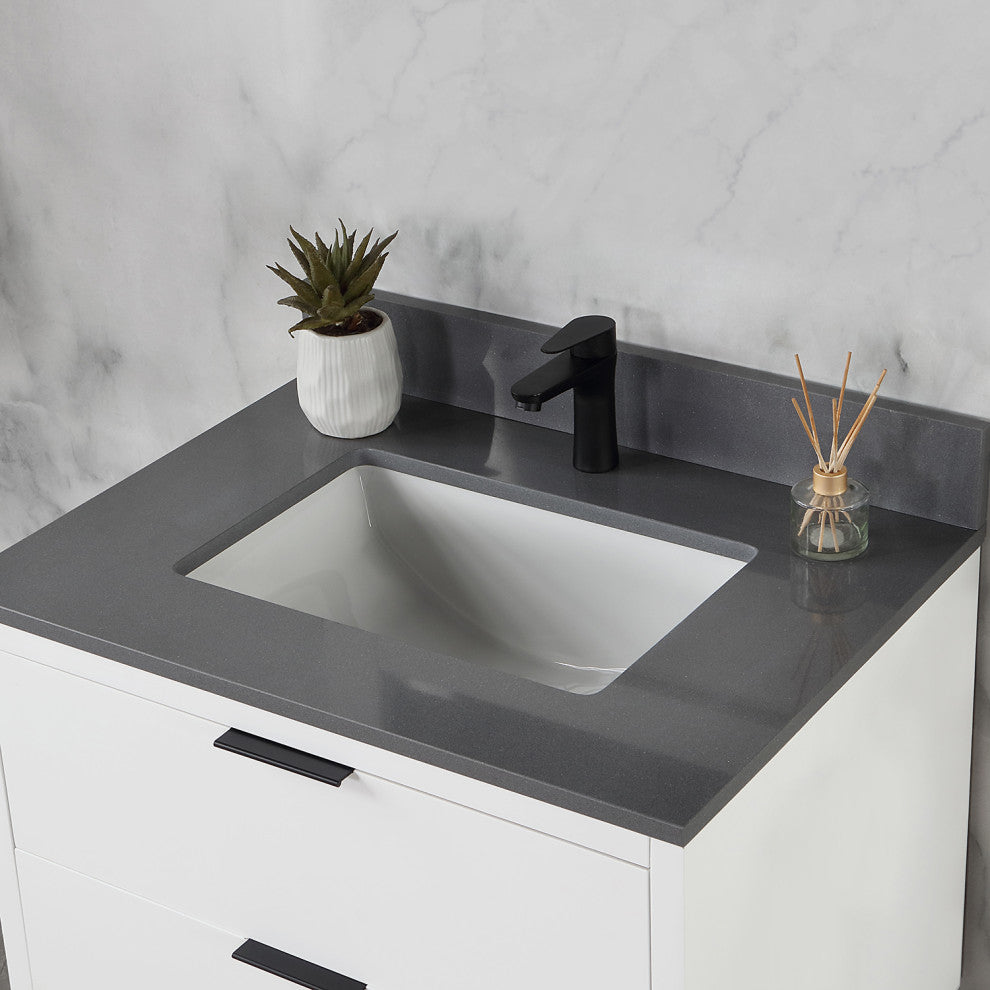 Helios Vanity With Gray Countertop, White, 30", No Mirror