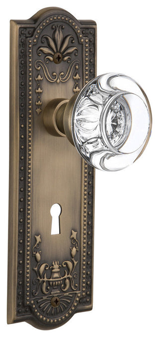 Single Meadows Plate With Round Clear Crystal Knob, Antique Brass