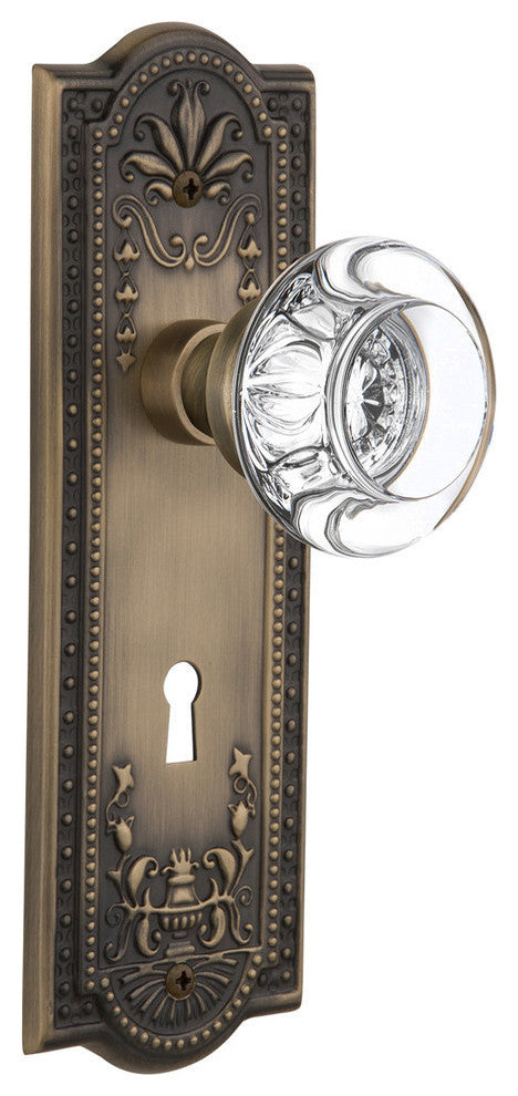 Single Meadows Plate With Round Clear Crystal Knob, Antique Brass