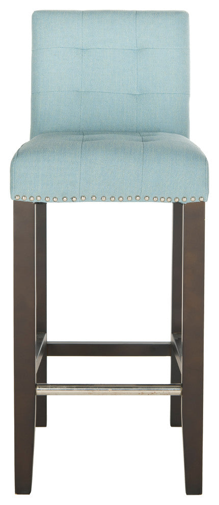 Safavieh Thompson Barstool, Sky Blue, Espresso, Fabric, With Nail Head