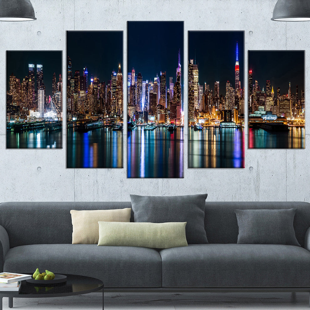 New York Midtown Night Panorama, Blue, Canvas Print, 60"x32", 5 Panels