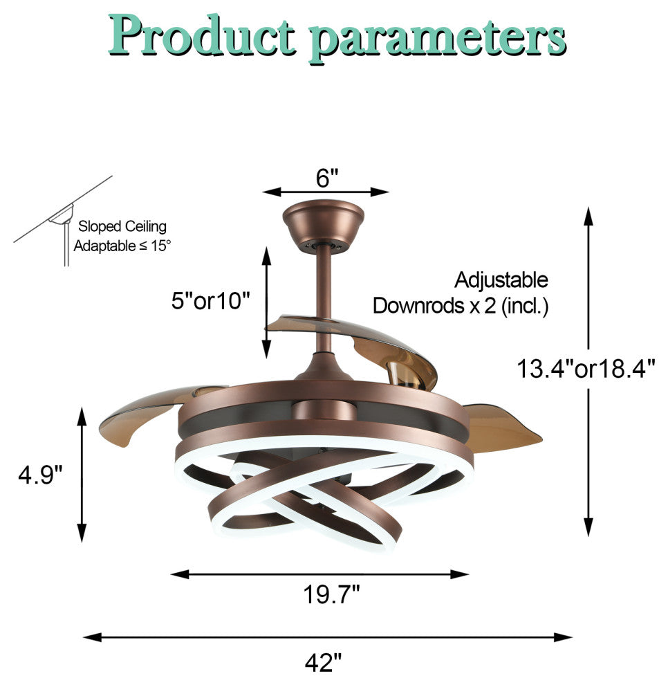 Oaks Aura 42" DIY Shape Retractable Ceiling Fan with Lights and Remote Control, Brown