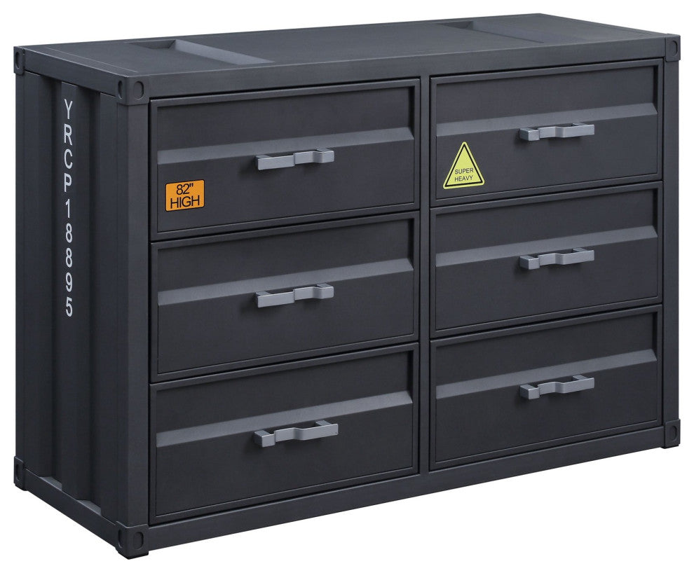 Industrial Double Dresser, Cargo Design With 6 Storage Drawers, Gunmetal Finish