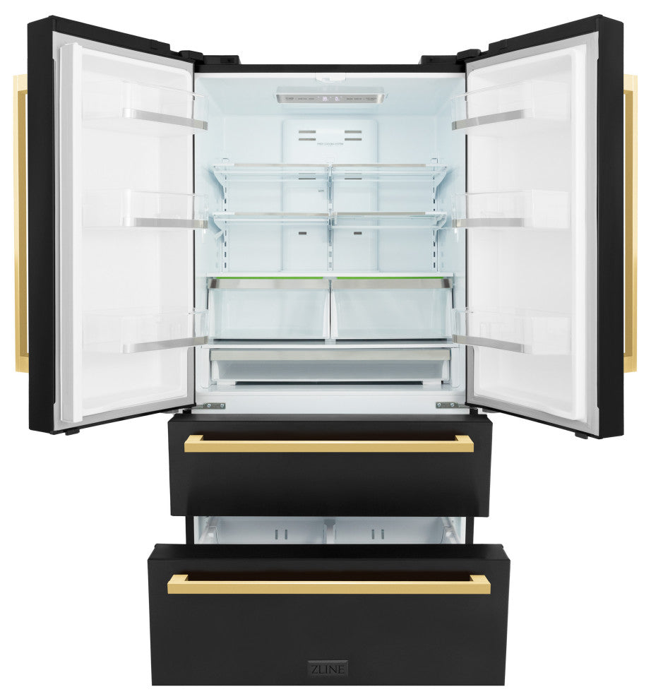 Autograph Refrigerator, Black Stainless With Flat Gold Handles, RFMZ-36-BS-FG