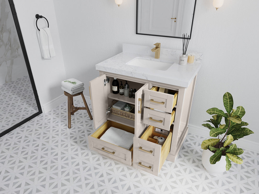 Boston 36" Center Sink Bath Vanity in Fine Grain 2" Carrara Quartz
