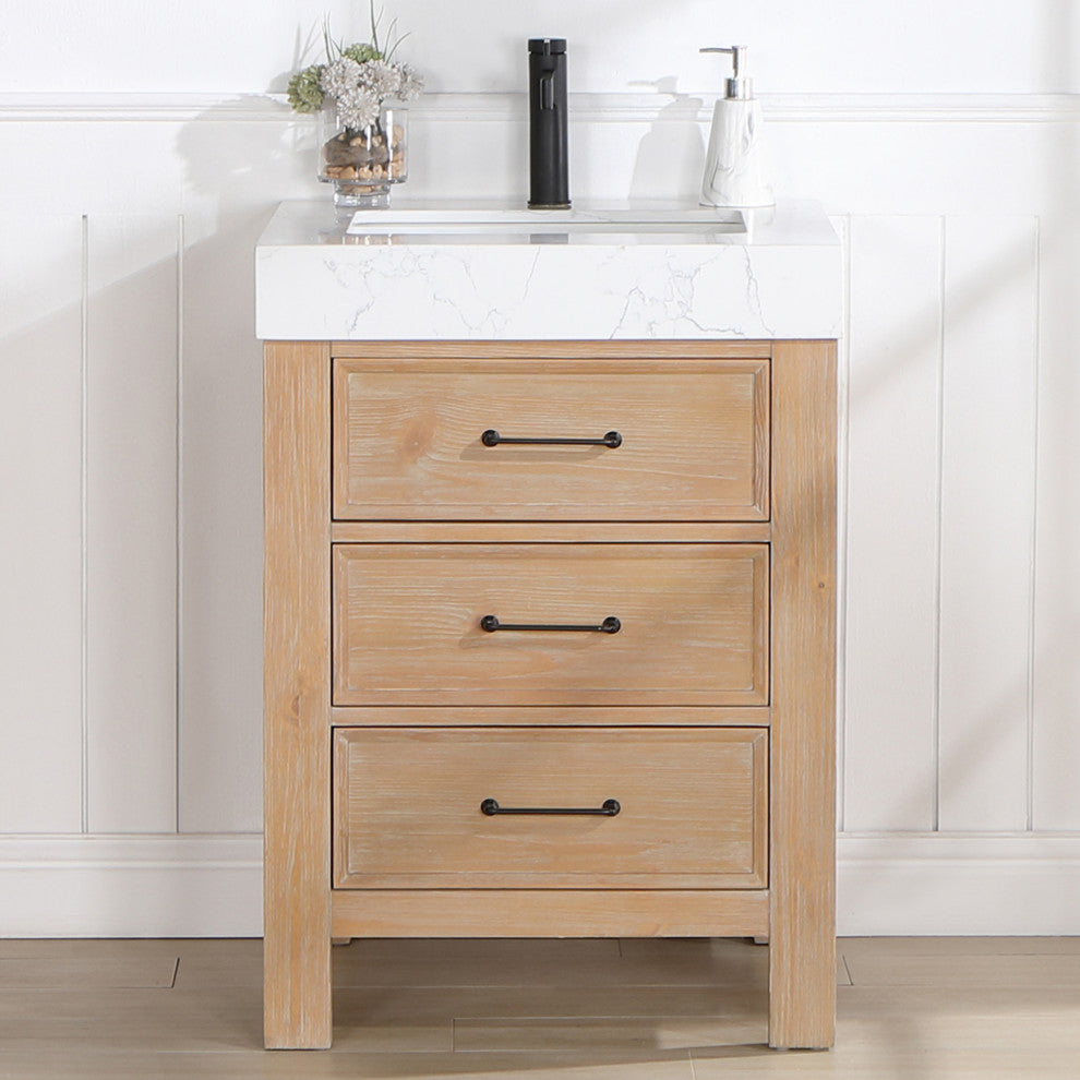 Leon Bath Vanity With Composite Stone Top, Fir Wood Brown, 24", No Mirror