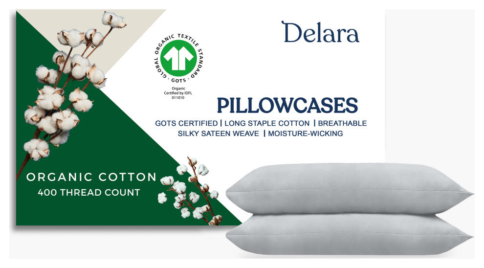 Delara GOTS 100% Organic Cotton Pillowcase Set of 2 400TC, Light Gray, Queen, 21"x32"