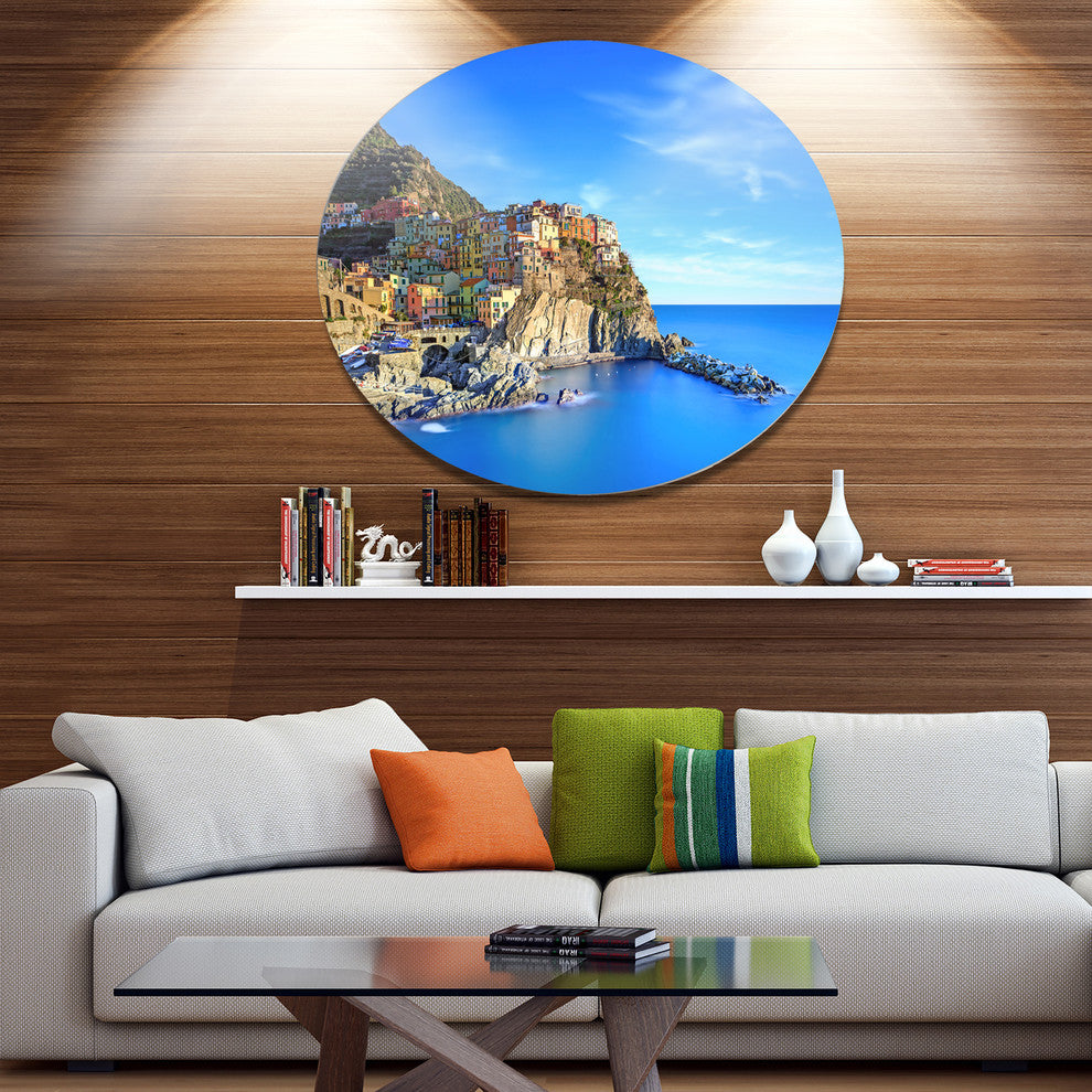 Manarola Village In Rocks And Sea, Beach Round Wall Art, 23"