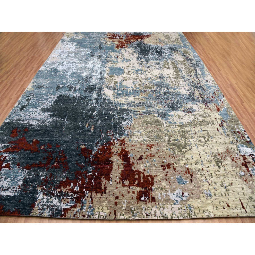 Bone Gray Natural Wool Hand Knotted Abstract Design Oriental Rug, 10'0"x14'2"