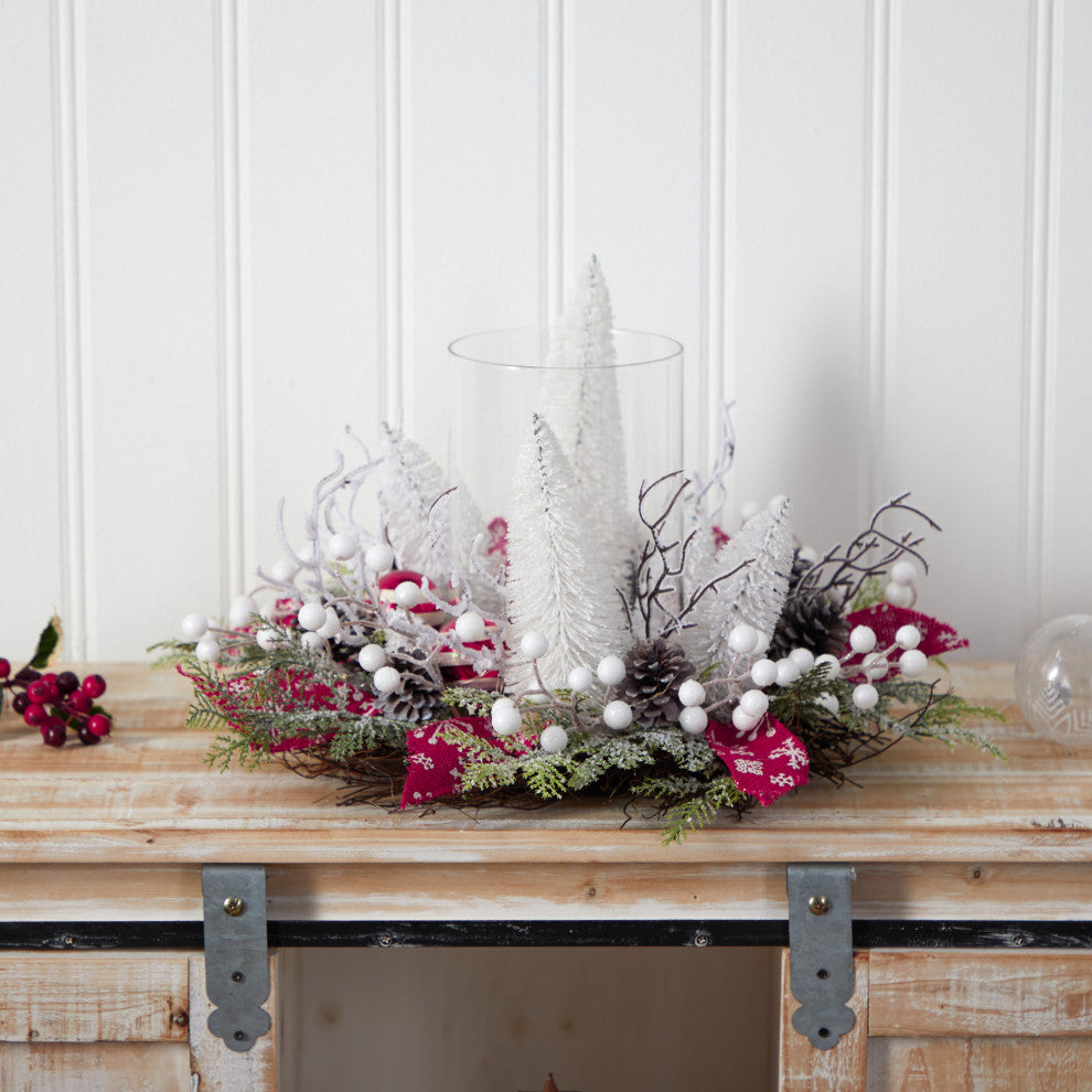 15" Holiday Lighted Forest Candle Holder Table Christmas Artificial Arrangement