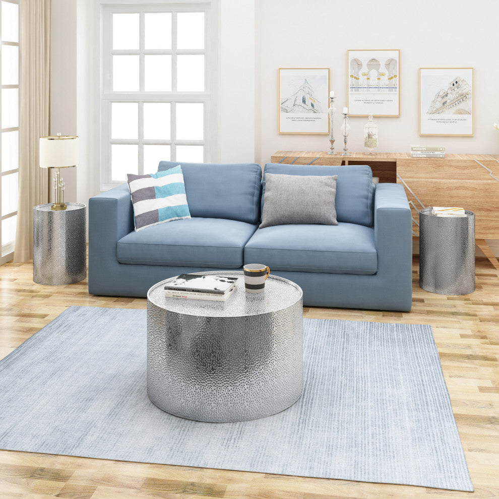 Chloe Modern Round 3-Piece Iron Accent and Coffee Table Set, Silver