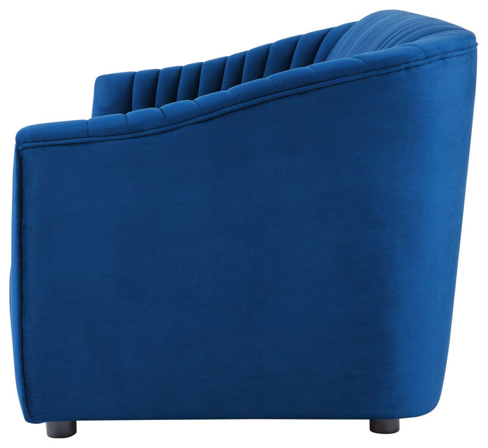 Tufted Sofa, Blue Navy, Velvet, Modern, Mid Century Hotel Lounge Cafe Lobby