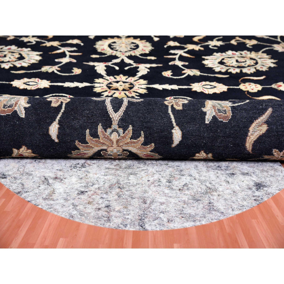 Black, Rajasthan, Wool and Silk, Hand Knotted, Round Rug, 10'0" x 10'2"