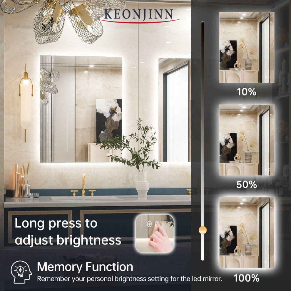 Backlit LED Mirror for Bathroom, Anti-Fog Dimmable, Silver, 36x28