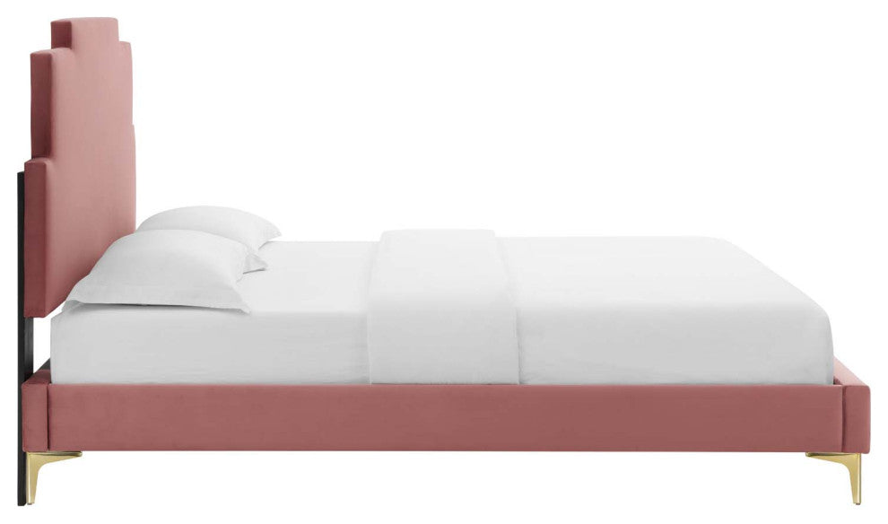 Platform Bed Frame, King Size, Velvet, Pink, Modern Contemporary, Bedroom Master