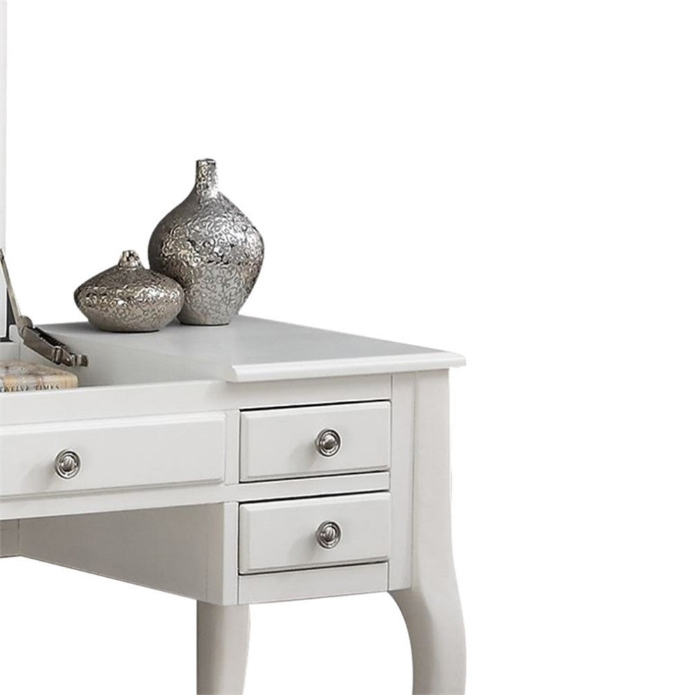 Poundex Furniture Wood Vanity Set with Stool and Mirror in White