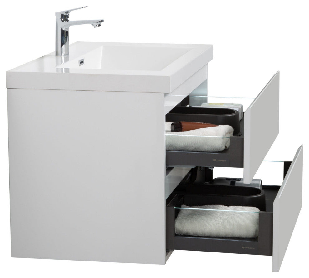 Aurora Wall Mount Vanity, White Acrylic Top, Glossy Polar White, 24"